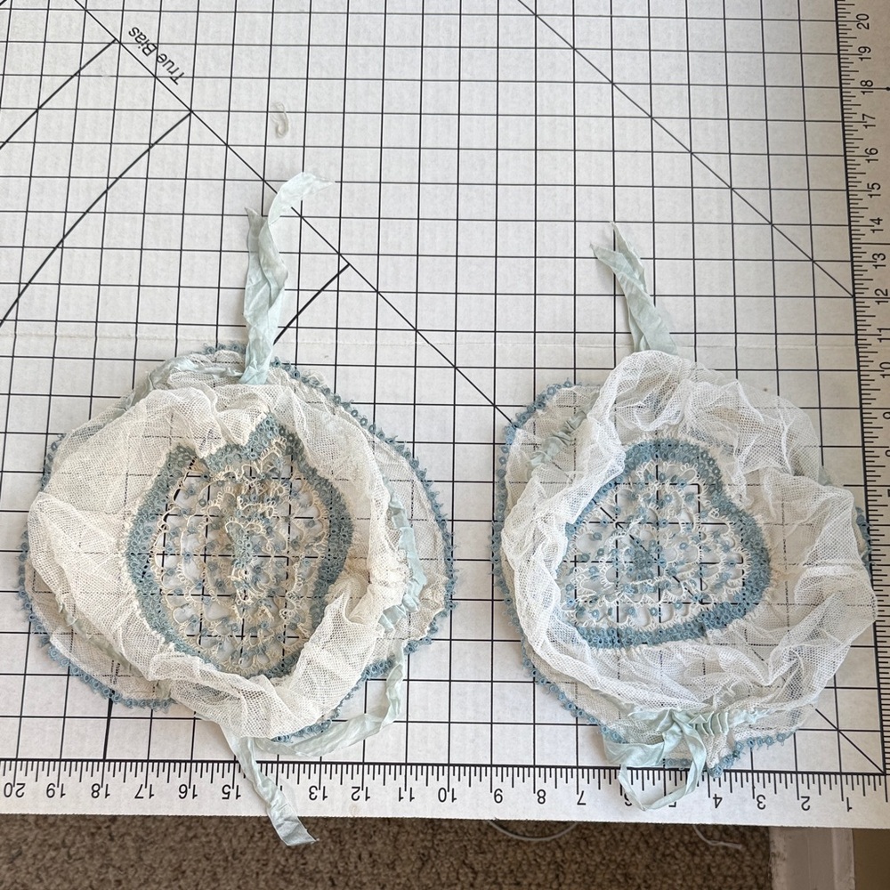 Antique 1920s Boudoir Caps – Blue Ribbon/Lace Net– Pair of Vintage Lingerie Caps